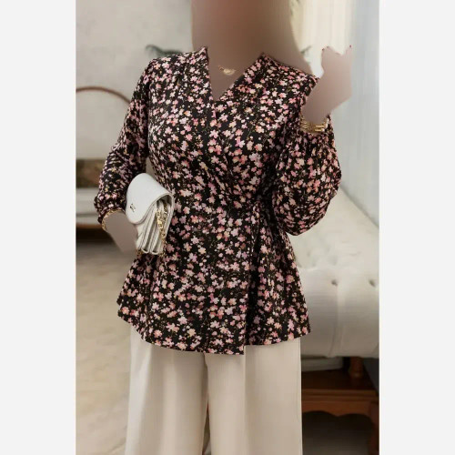 شومیز یقه انگلیسی شادی کرپ بوگاتی فری سایز 38 تا 46 بند تنظیم