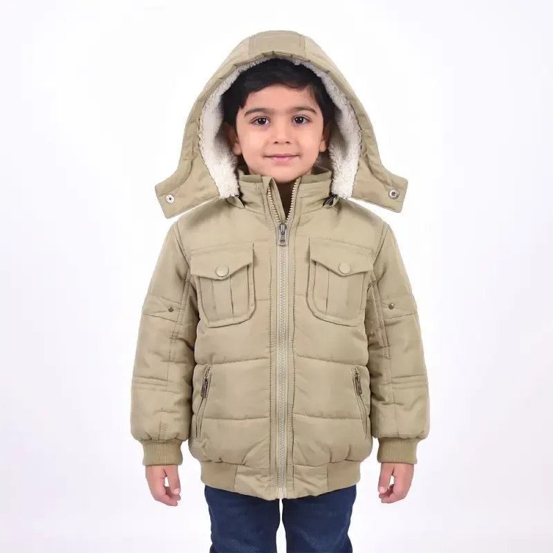 کاپشن پسرانه چهار جیب کرم خزدار پاییزه و زمستانه