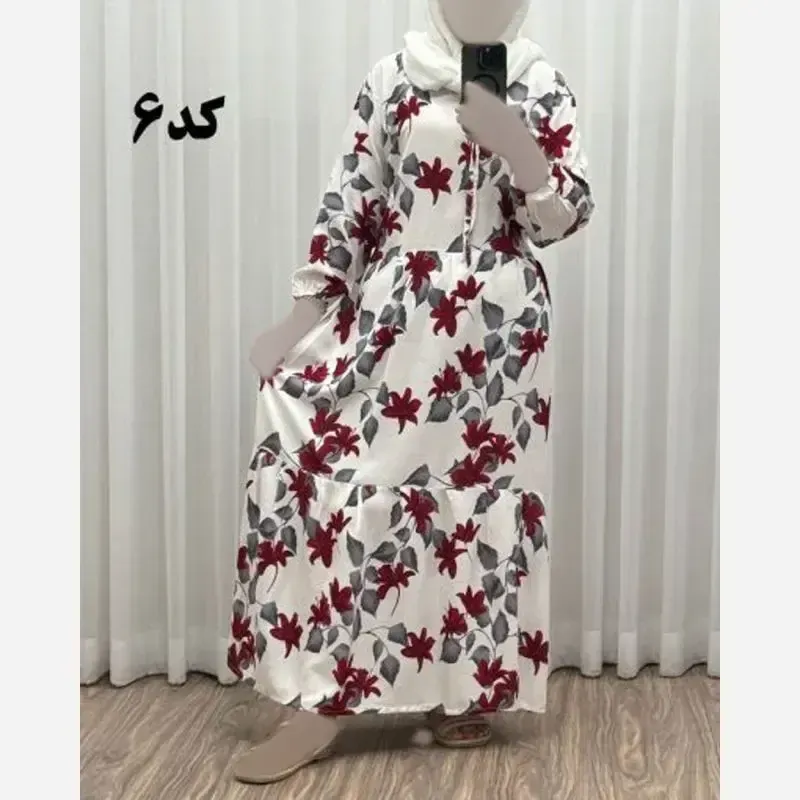 پیراهن نخی گلدار زنانه فری سایز مناسب 36 تا 46