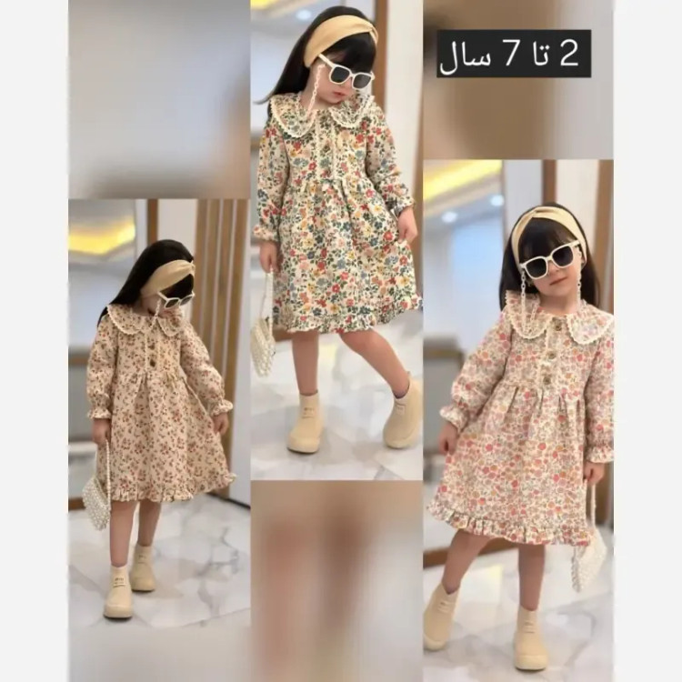 پیراهن دخترانه لینن وارداتی طرح گل مناسب 2 تا 8 سال