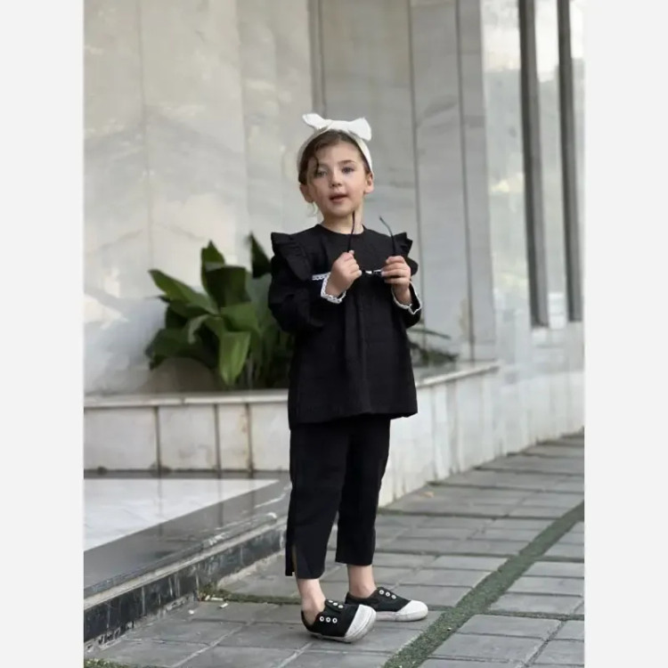 شومیز دخترانه مشکی شانتون نخ مناسب 1 تا 8 سال