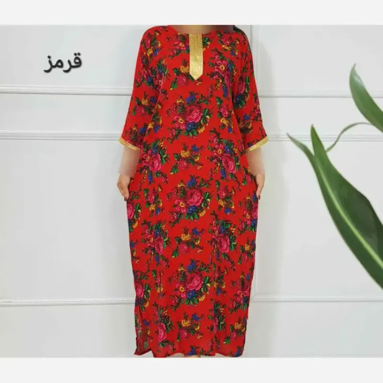 پیراهن ساحلی ترکمنستان طلاکوب گل درشت فری سایز تا 54 نخی شسته شده بدون آبرفت و رنگ رفت کمربند دار سایه نمیندازد