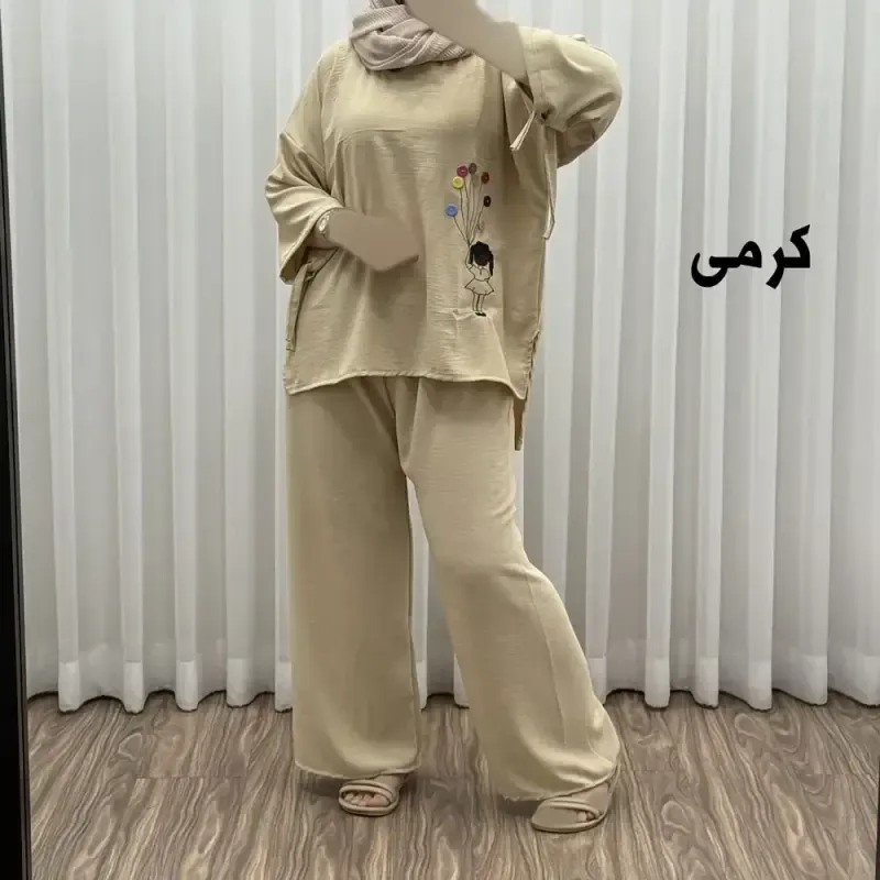 ست بلوز شلوار بادکنکی فری سایز تا 52 ابر و باد چهارفصل شیک و راحت بدون آبرفت و رنگ رفتگی